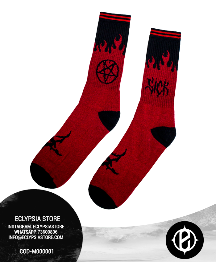 Medias con estrella baphomet y fuego, color roja y negra